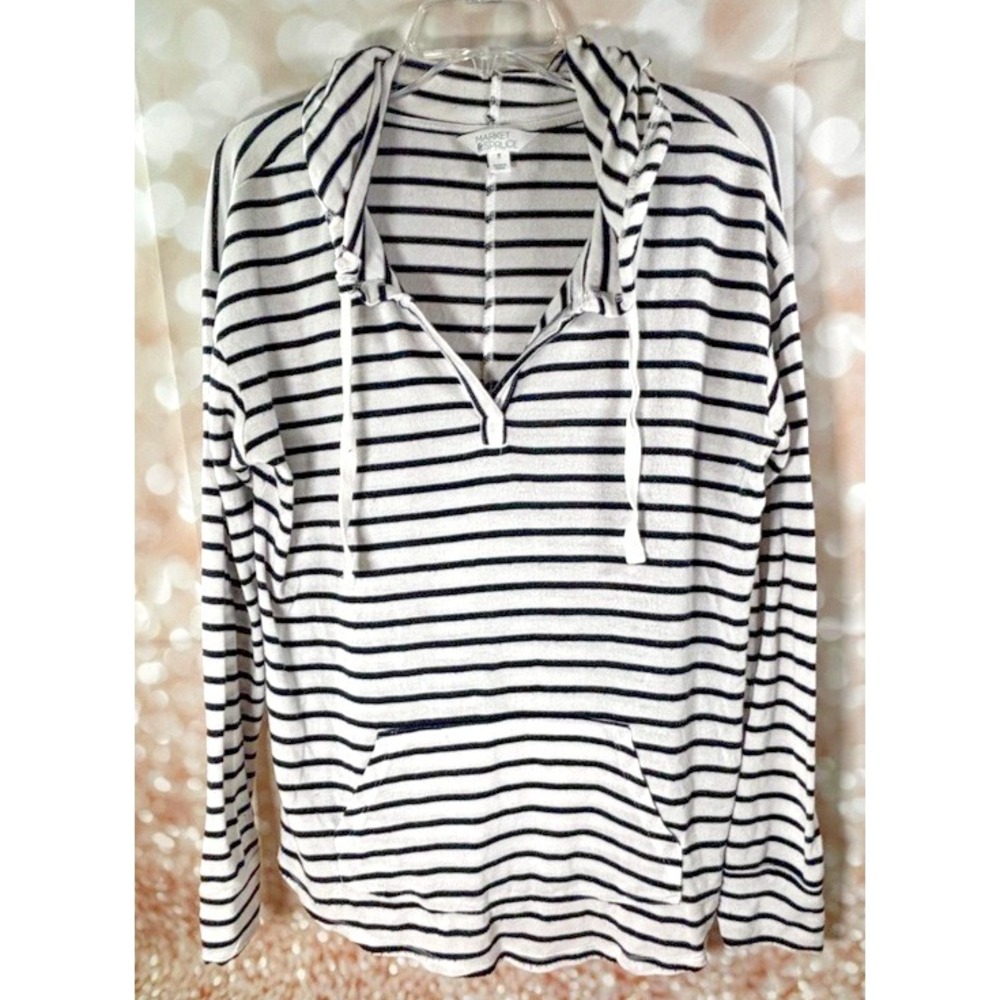 Market & Spruce Black White Striped Hoodie Pullover Long Sleeve Casual Size M - Picture 3 of 8